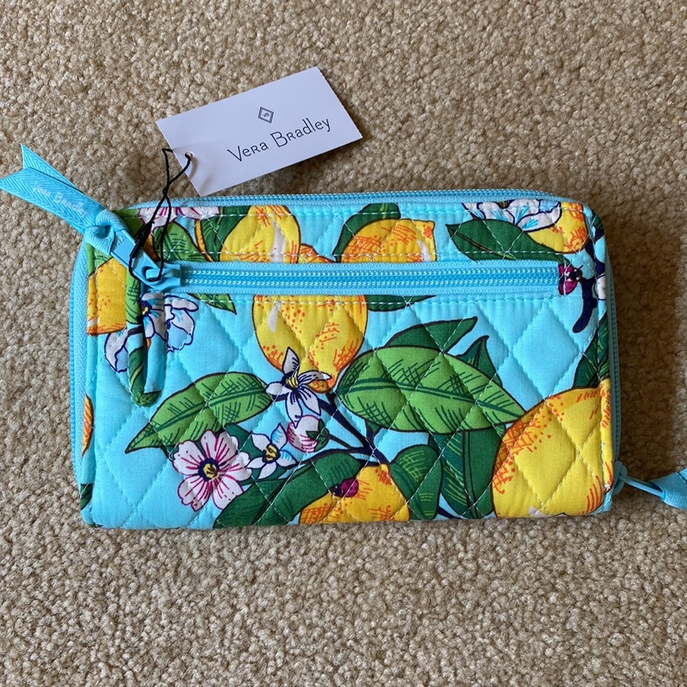 Vera Bradley RFID TURNLOCK WALLET LEMON 🍋 GROVE NWT BLUE GREEN YELLOW - Picture 4 of 7